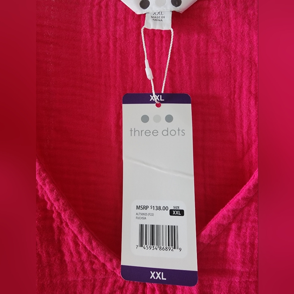 NWT Three Dots Fuchsia V-Neck Gauze Top - Picture 4 of 5